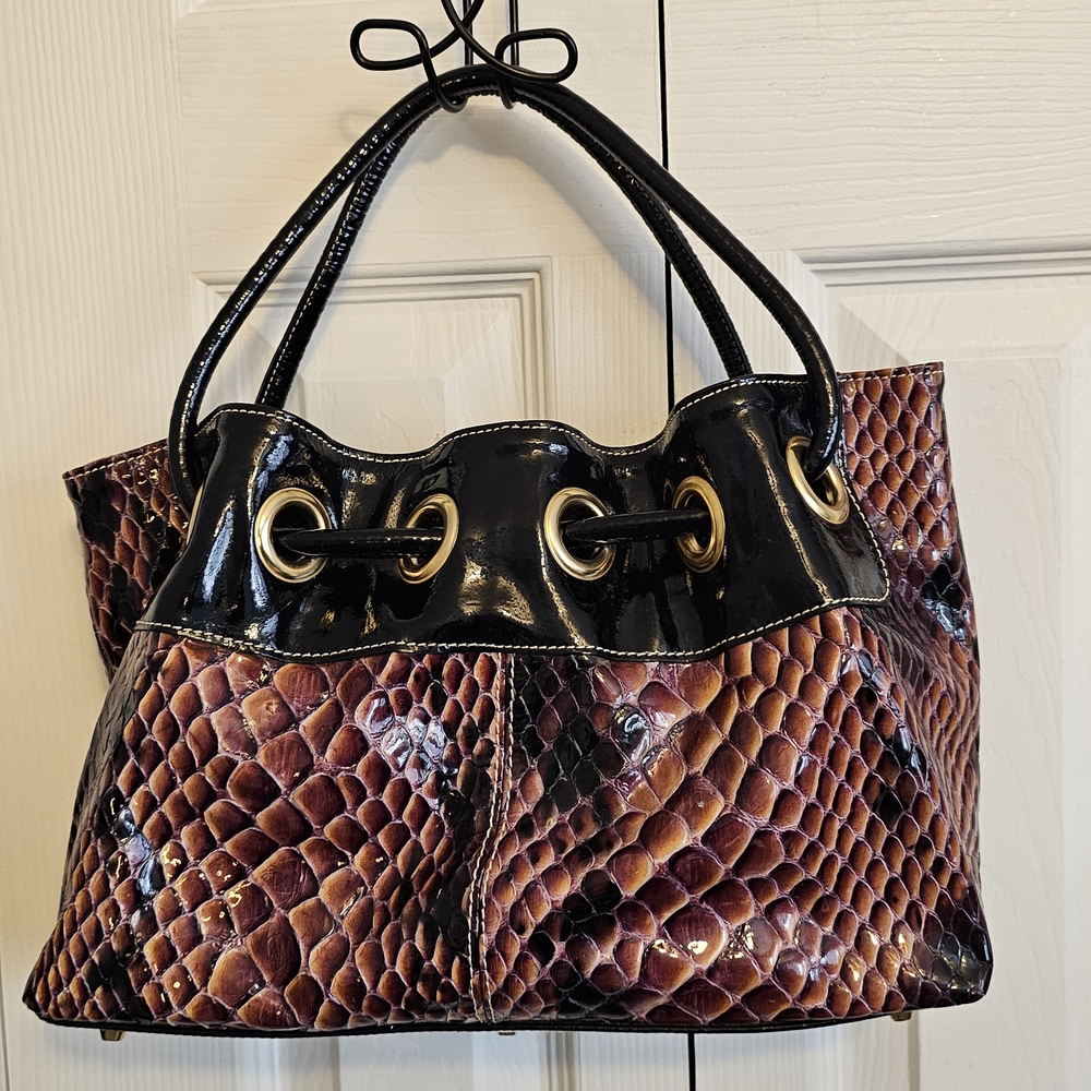 Roberta Gandolfi Patent Leather Snake Skin Print Tote Bag with Black Patent Trim